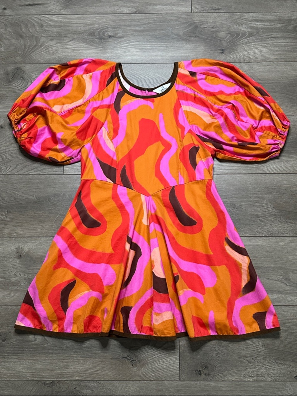 LaRoque Juliette Retro Mini Pocket Dress Puff Sleeves Orange Pink Groovy Medium